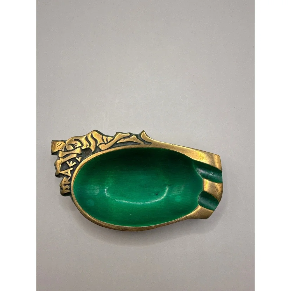 Vintage Israel Brass and Green Enamel Trinket Dish Ashtray Ornate Relief 4in - Picture 4 of 8